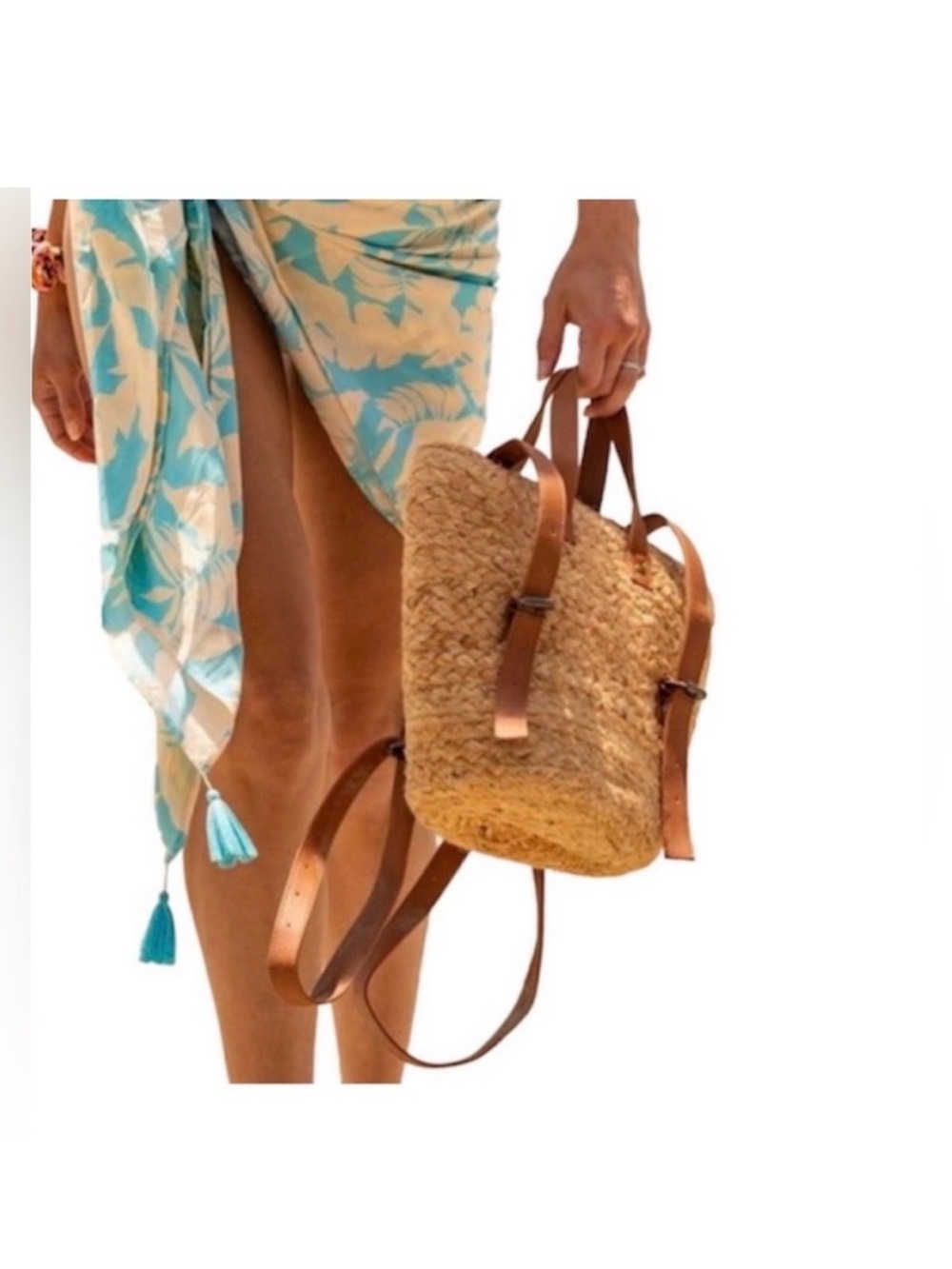 Woven Straw Backpack with Tan Leather Straps